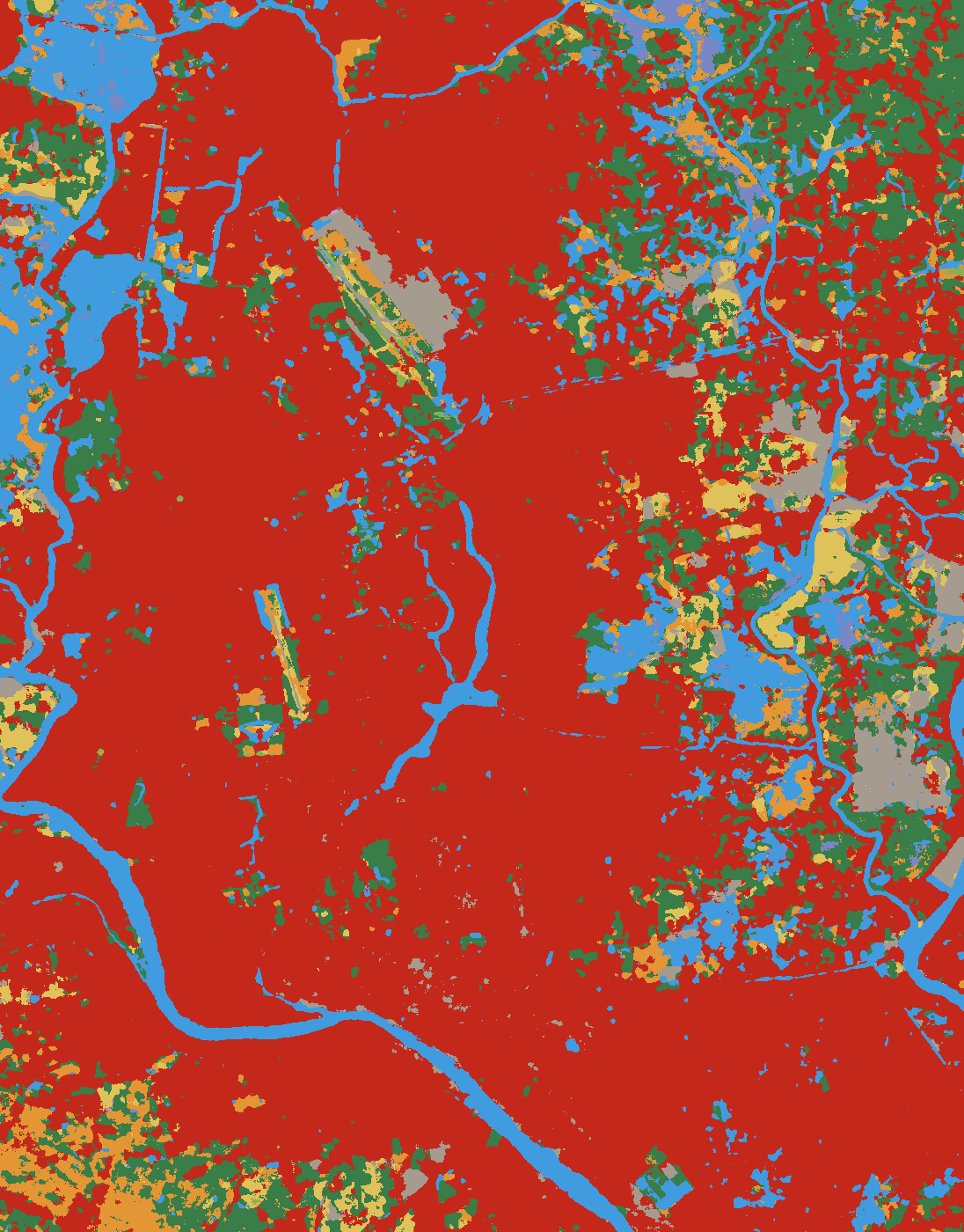 Land cover, Dynamic World annual mode 2025 (blue water, green trees, red built)