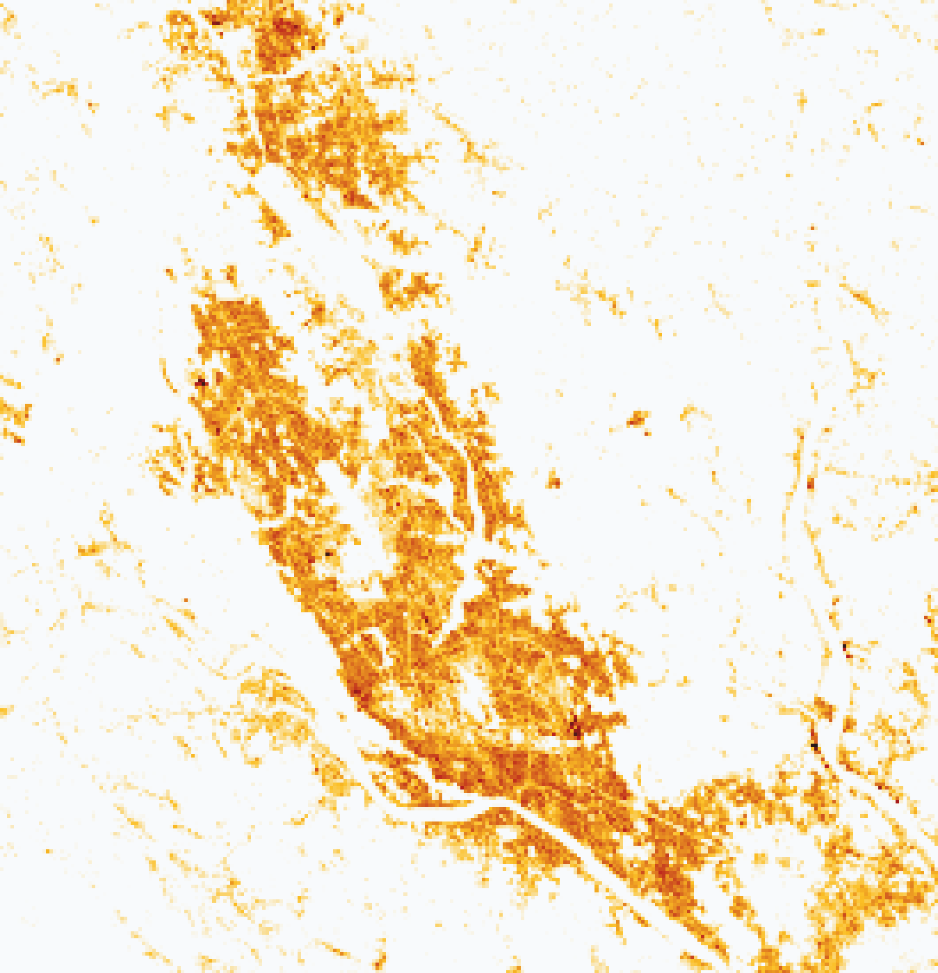 Built-up surface per 100 m cell, 1975