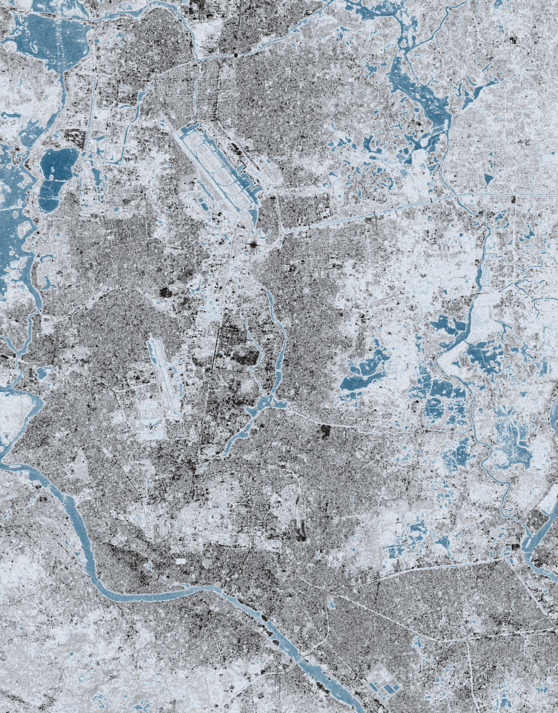 Sentinel-1 radar backscatter, Jul-Sep 2025 median (dark = open water)